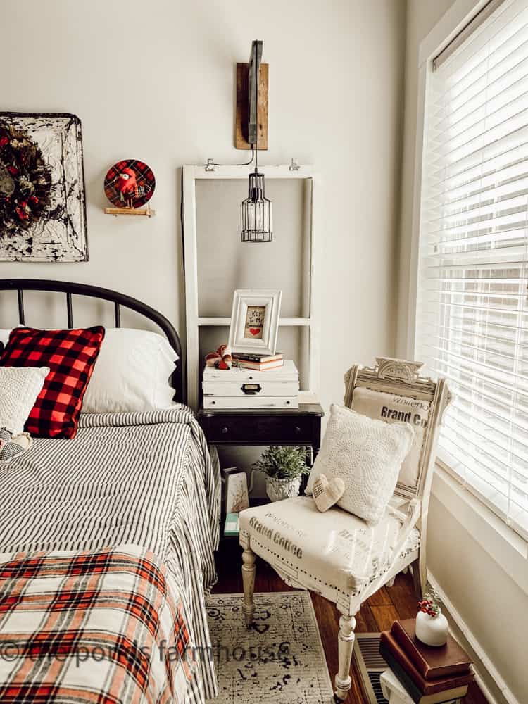 Repurposed Antique Chair with vintage quilt heart and crochet pillow cover.