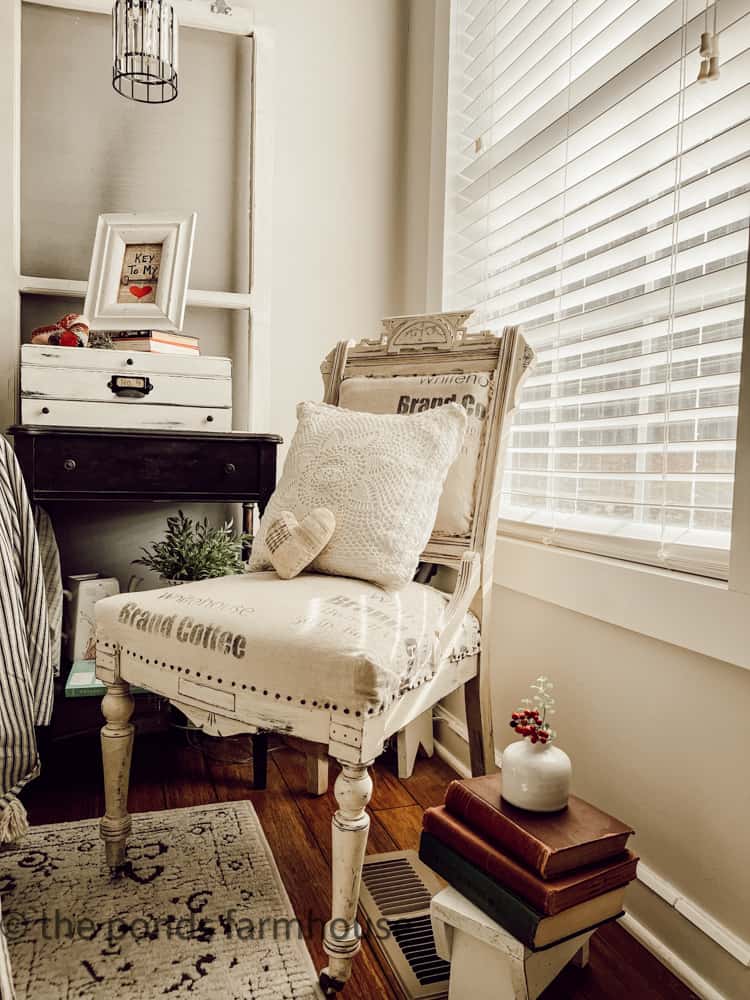 DIY coffee sack fabric from drop cloth cover the repurposed vintage thrift store chair.