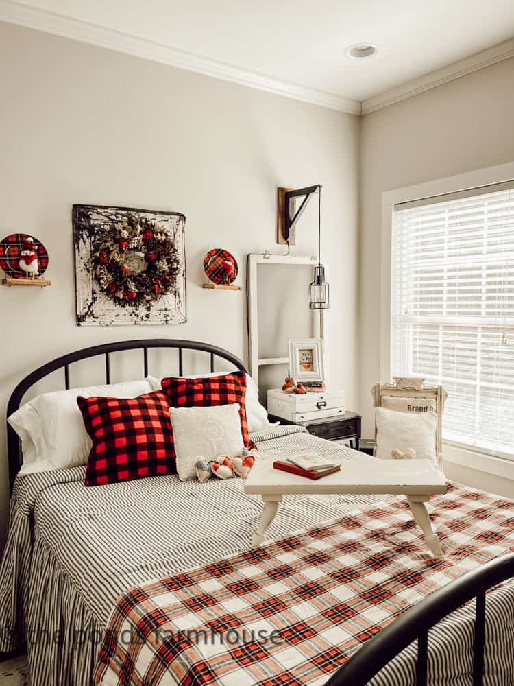Guest Bedroom filled with red and black plaids for Valentine's Day.
