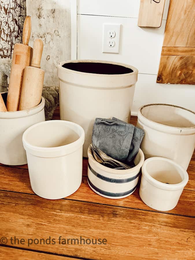 Vintage Crock collection for Farmhouse decorating.
