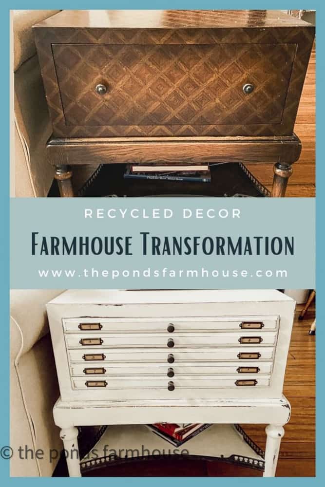 Industrial Farmhouse Up-cycled Furniture Transformation with new hardware and white chalk paint.