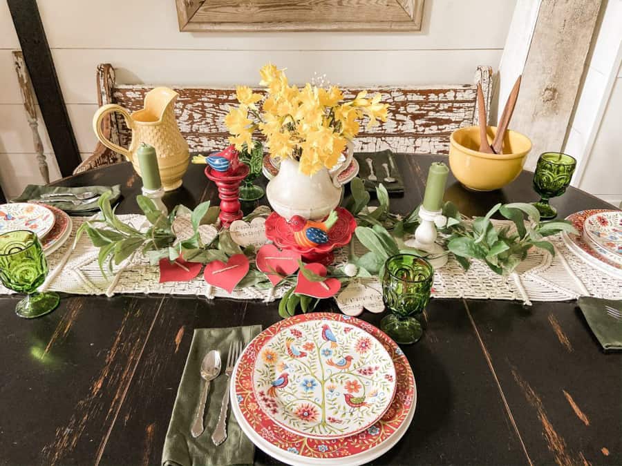 Traditional colors for a Valentine's Day Decor Tablescape. Farmhouse style rustic Tablescape