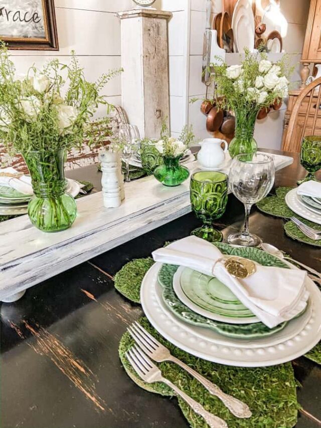 St. Patricks Day tablescape ideas. Using green tableware for St Patricks Day table.