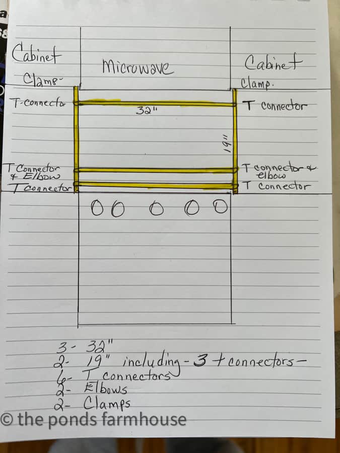 Drawing of Spice Rack tutorial plans.  Farmhouse Style French Kitchen Ideas.  