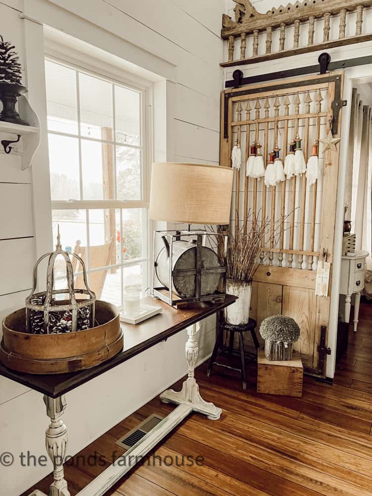 Vintage Farmhouse Styling with wooden old sifters.  