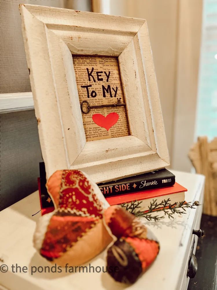 Vintage Photo Frame with book page and vintage key.  Quilt hearts.