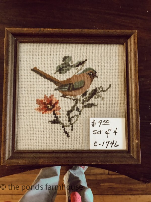 Thrift Store finds, needlepoint birds framed  for fall decorating. 