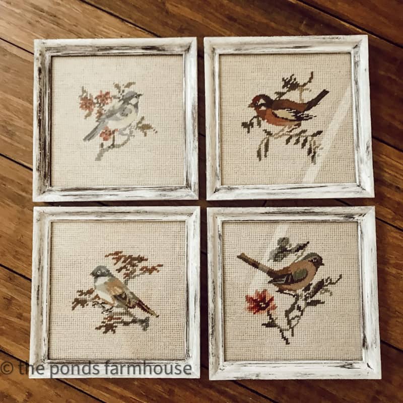 Paint needlepoint artwork frames for an updated farmhouse style look.