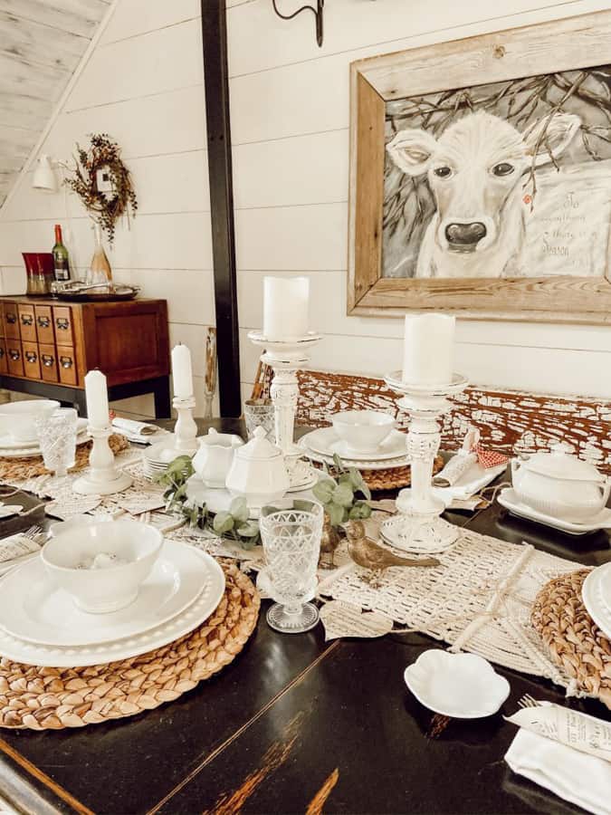 Neutral Valentine's Day Decor for a fun twist on a traditional tablescape.  Add texture with table runner and woven plate mats