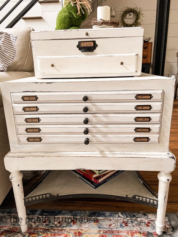 Industrial style furniture makeover with old white chalk paint with a upcycled silverware box for cards.  