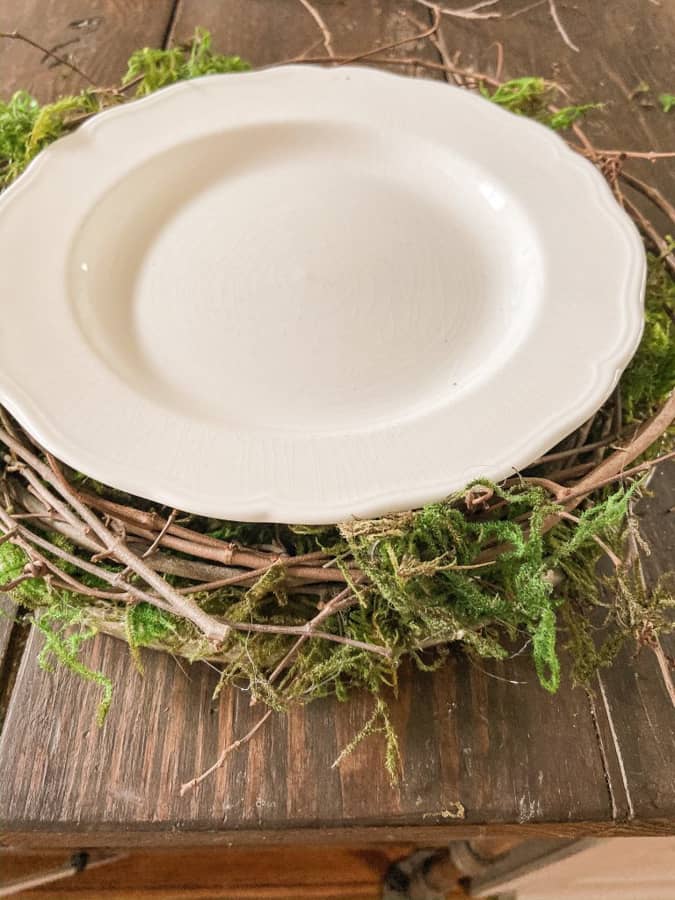 Add white ironstone plates to DIY Twig Plate Chargers - rustic farmhouse style tableware.