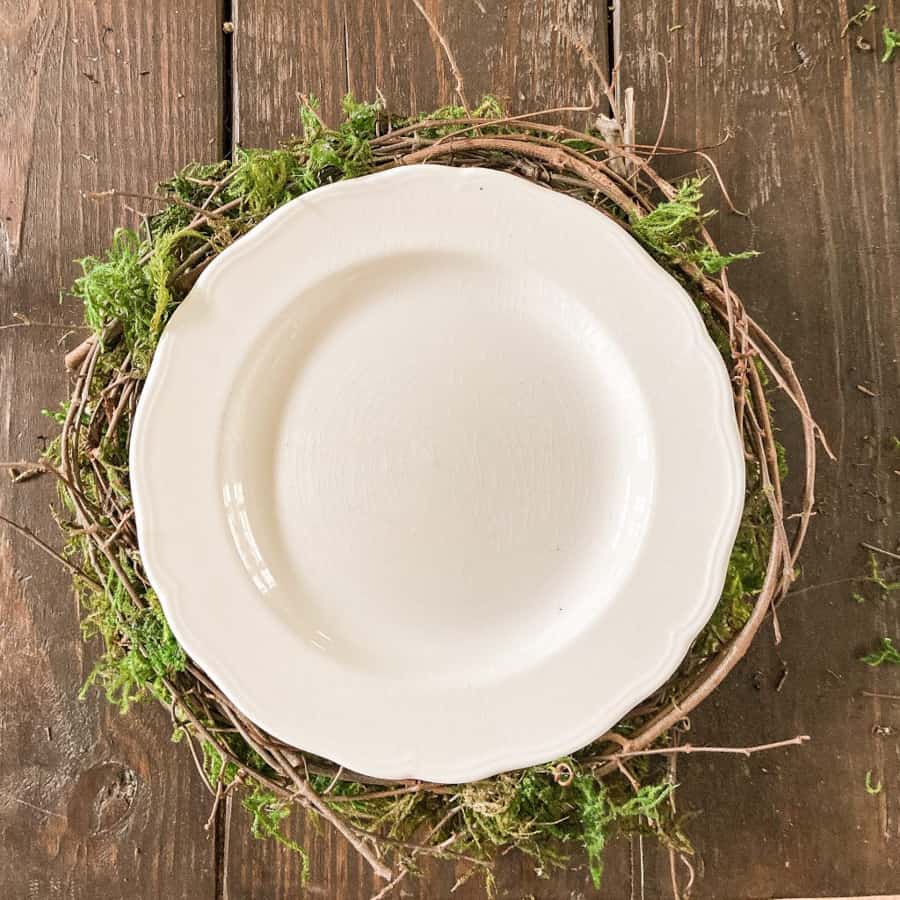 Add white ironstone plates to DIY Twig Plate Chargers - rustic farmhouse style tableware.