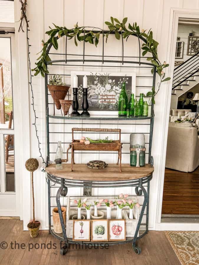 Baker's Rack used for serving area on screened porch decorated for Easter