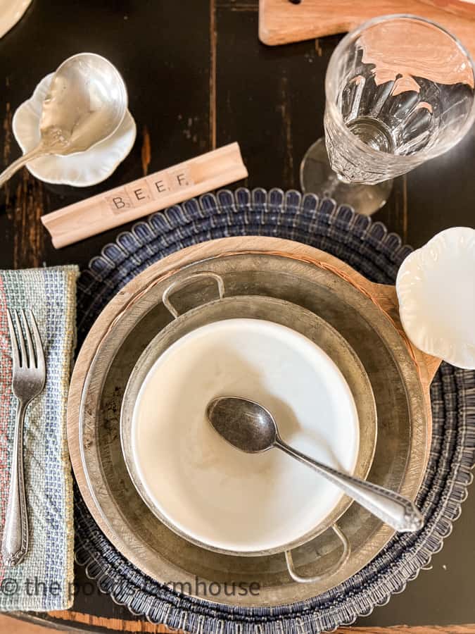 Chili Cook-off Tablescape with thrift store finds and vintage tableware.  Rustic Farmhouse style table setting.