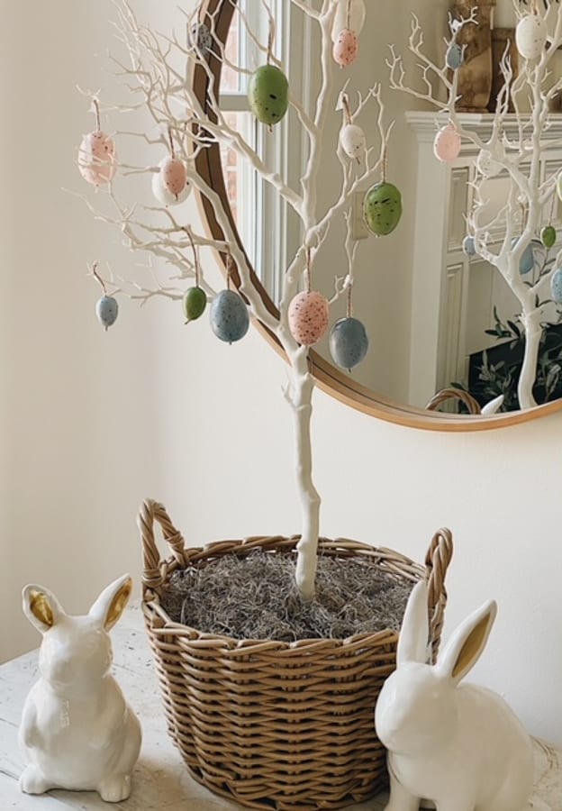 Four DIY Easter Decorating Ideas for Spring with an egg tree and bunnies. Easy Easter Home Decor Ideas
