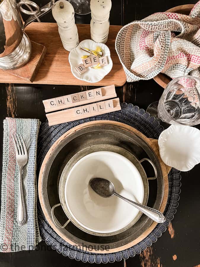 Chili Cook-off Tablescape with thrift store finds and vintage tableware.  Rustic Farmhouse style table setting.