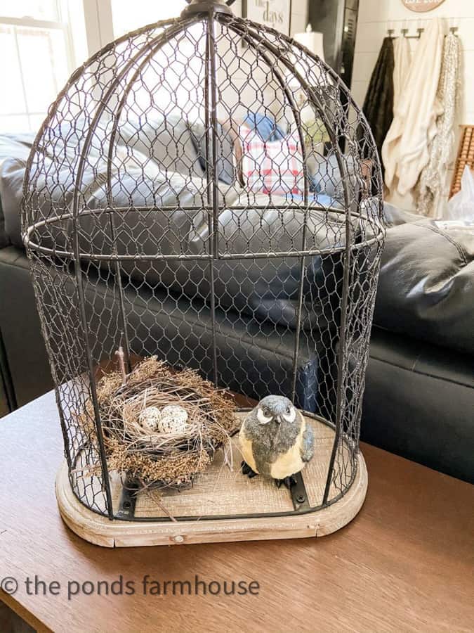 Chicken Wire Cloche filled with a bird nest and bird on console table in Farmhouse Industrial Loft.