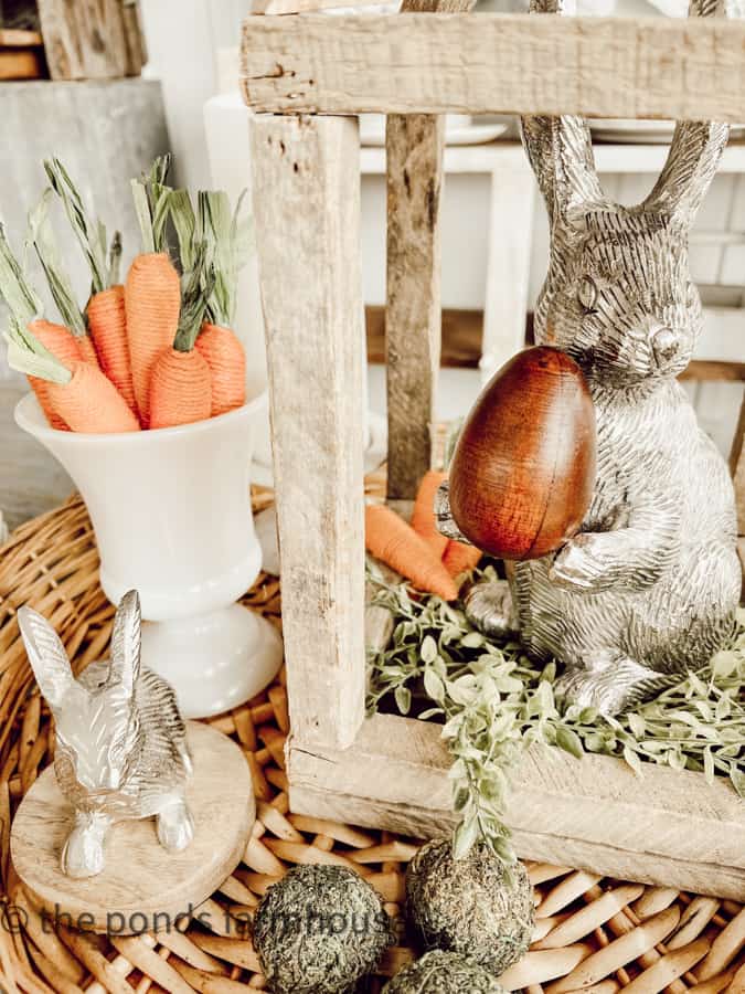 Pewter Bunny with wooden egg in Tobacco Stick lantern for Centerpiece.