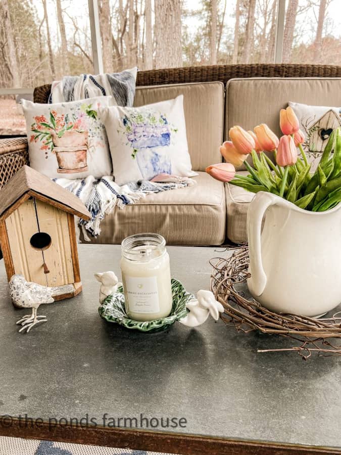 Comfortable Seating for Easter Screened Porch Ideas.  Farmhouse Style Porch Decor for Spring.