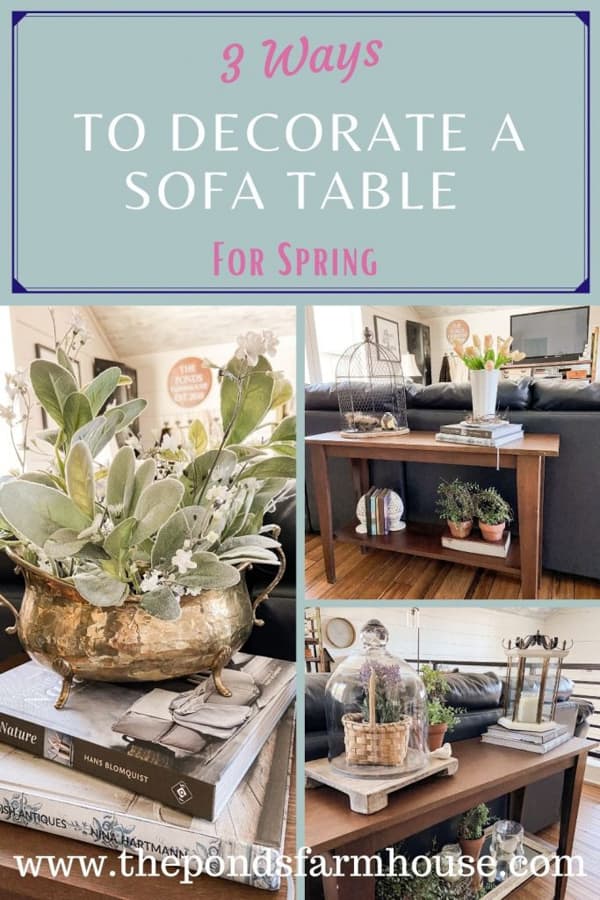3 Ways to Decorate a Sofa or console Table for Spring with Birds, books and greenery.  