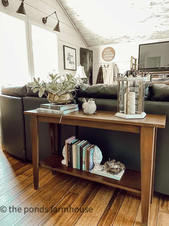 Decorating Sofa Table Ideas with Books and Birds and greenery in Industrial Loft 