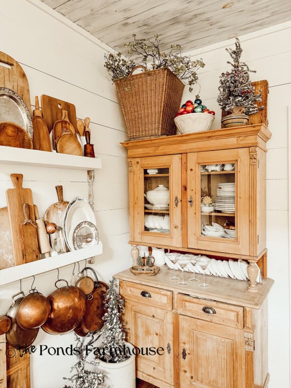 Dining Room Hutch and Plate Rack Decoratined for Christmas