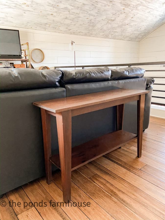 Handmade Sofa Table in Farmhouse Loft.  Bare console table to be decorated for Spring