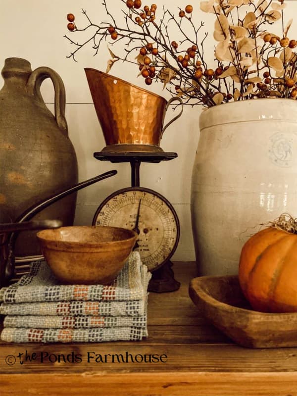 Top of cabinet Fall Inspiration Tour with hutch & plate rack decorated with fall decor.