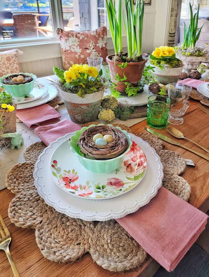 Host a garden party themed Easter Dinner with floral plates, potted flowers, bird nests filled with easter eggs.  