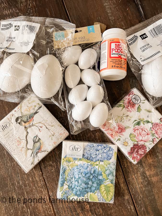 Decorative napkins, foam Easter Eggs and Mod Podge to make DIY Easter Eggs