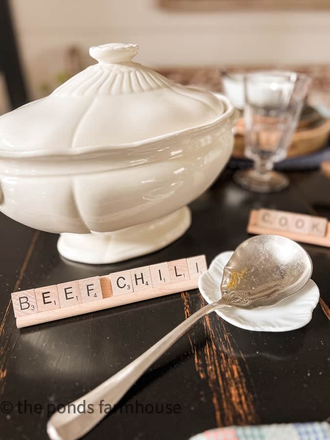 Vintage Soup Tureen - perfect for Chili Cook-off Table setting with scrabble tiles 