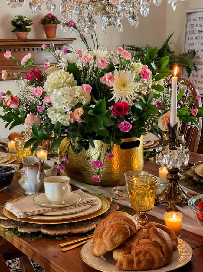 Beautiful Floral Arrangement in brass container with elegant candlesticks for Easter Tablescape for Bunch Party for Easter HOme Decor Ideas