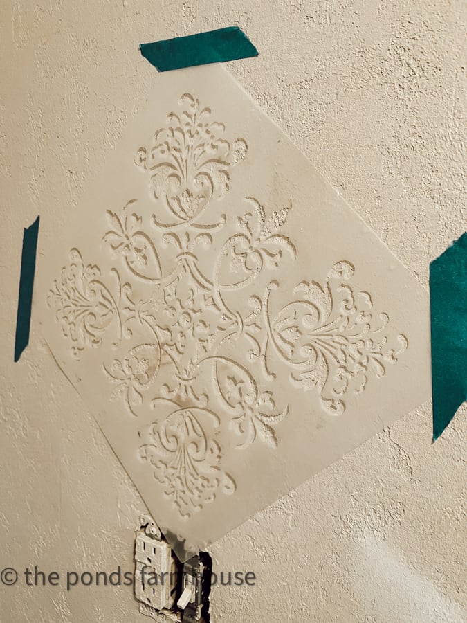 Wall Stencil for faux wallpaper ideas. Tape stencil to painted wall for Tiny House Bathroom Remodel