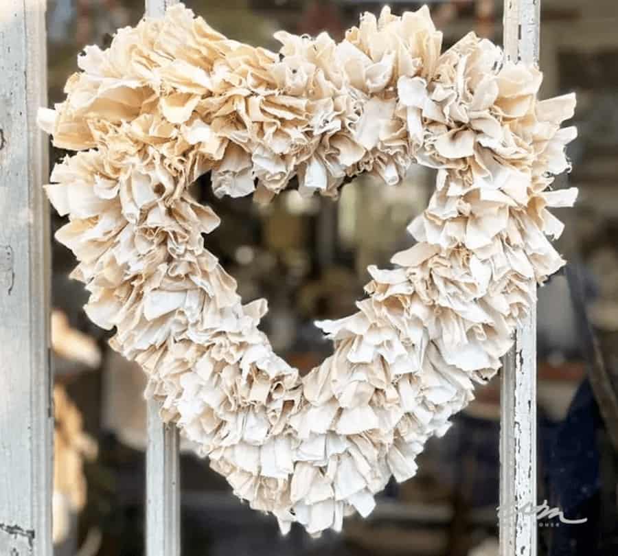 DIY Tea Stained Heart Fabric Wreath for Valentine's Day