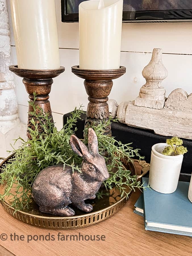 Wooden candlestick holders in brass tray with pewter bunny. Wooden Vintage Candlesticks Holders