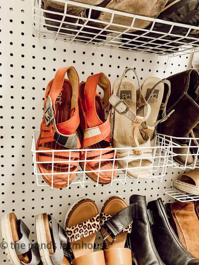 Wire pegboard bins are perfect for organizing shoes in a closet makeover