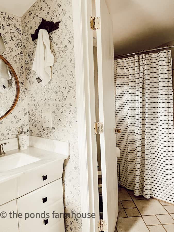 DIY Faux Wallpaper with blue and white paint stencil & update vanity for small Bathroom remodel 