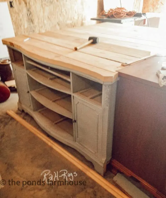 Adding the two pieces of furniture together to design a Farmhouse Kitchen Island.