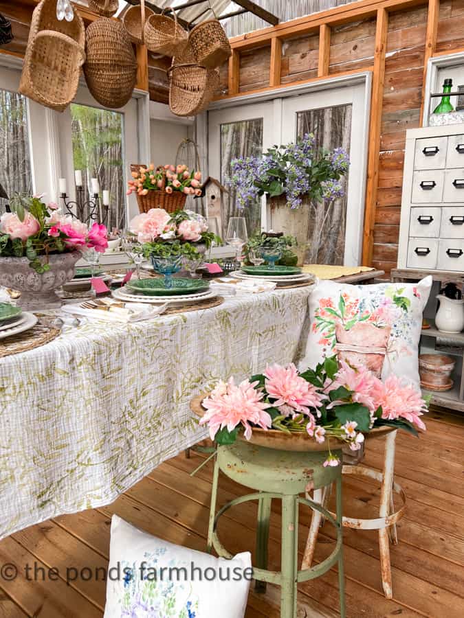 Ideas for Spring Fling Salad Bar Supper Club in She Shed with DIY Tablecloth and Spring Flowers. 