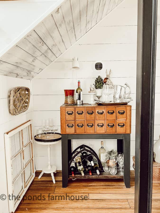 Library Card Catalog cabinet repurposed into a wine bar.