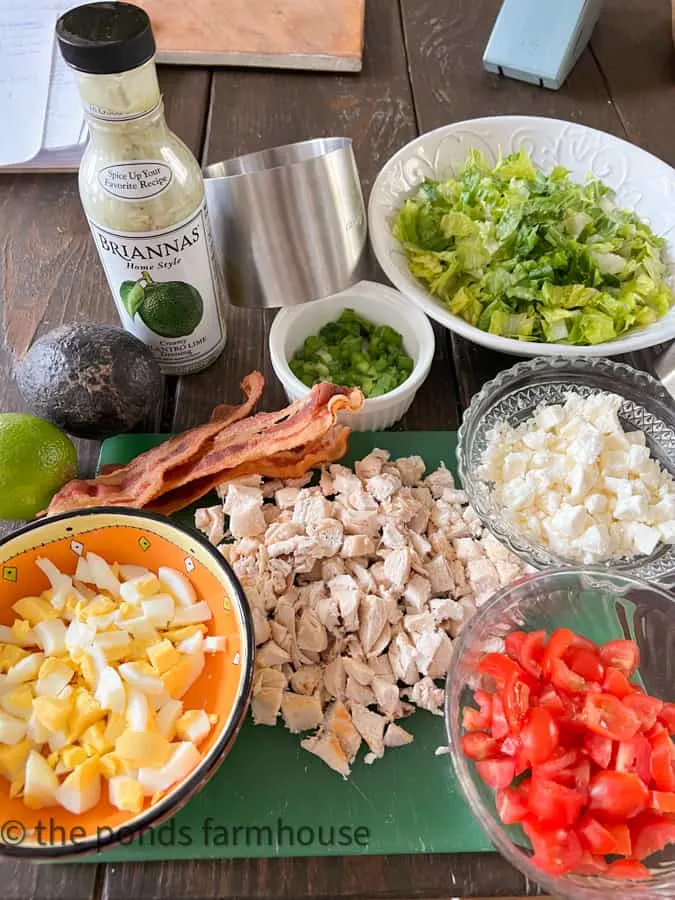 Ingredients for Cobb Salad with Chicken - Stacked Salad Recipes Ideas.  Avocado, eggs, bacon, tomato, feta cheese..