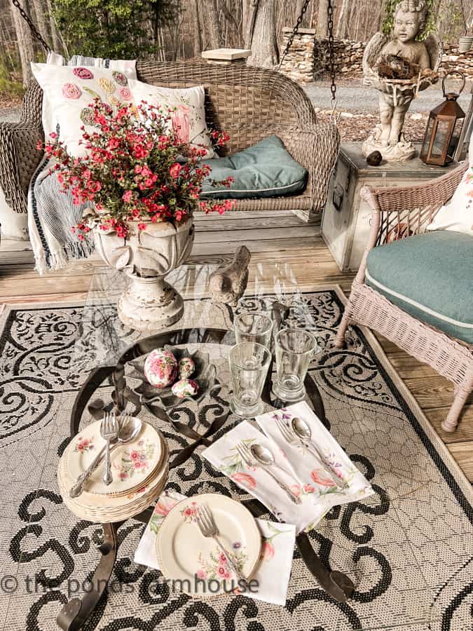 Floral Dishes and decoupage Easter Eggs are great ideas to decorate for Easter with Easter Outdoor Decor.