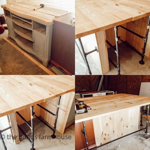 Adding the pieces together to create a unique one-of-a-kind Industrial Farmhouse Style Kitchen Island.
