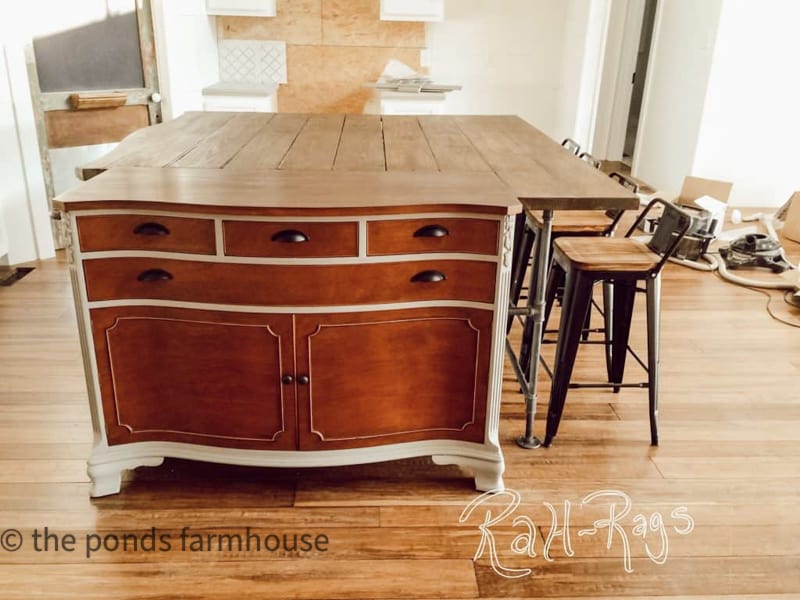 Installing the DIY Kitchen Island made from repurposed old sideboards for a Rustic Modern Farmhouse Feel.
