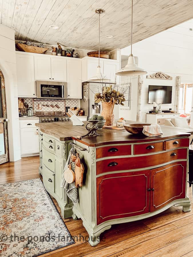 Farmhouse kitchen island upcycle project with two sideboards.  