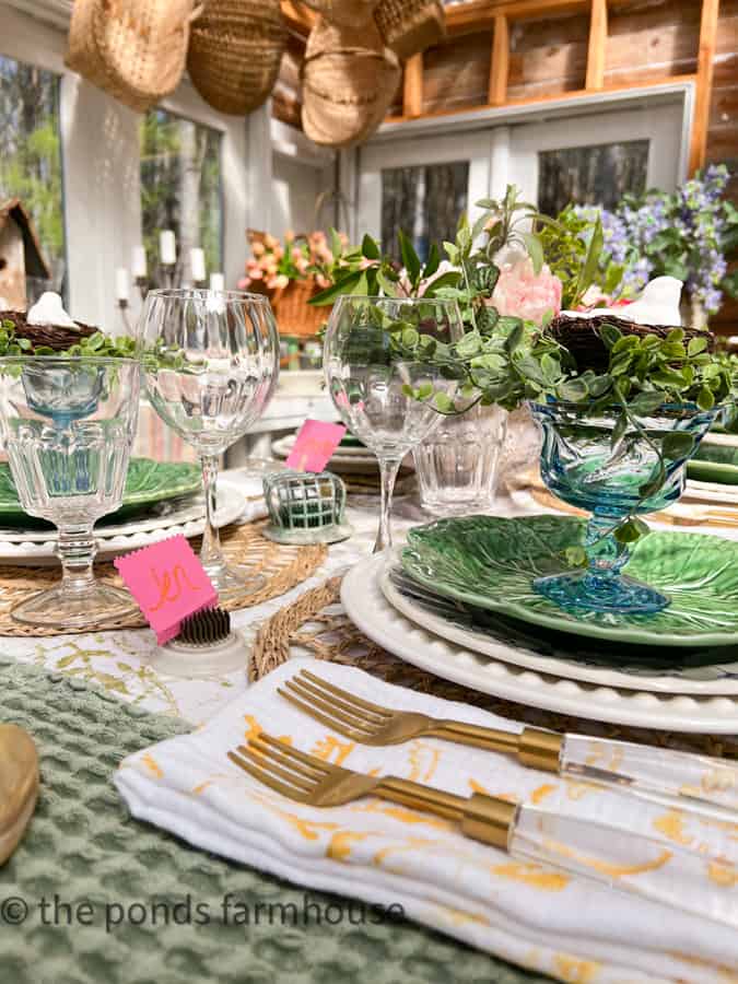 DIY Cloth Tablecloth and Napkins on Greenhouse tablescape. Vintage plates and silverware.