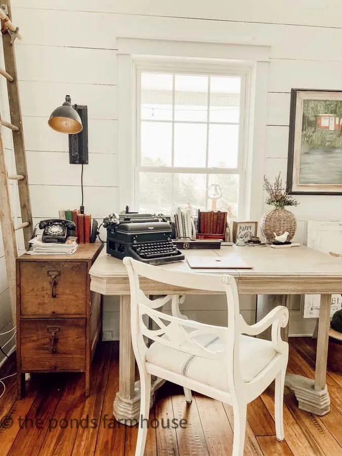 Country Chic DEcorating Ideas for home office with vintage typewritter and rotary telephone.  