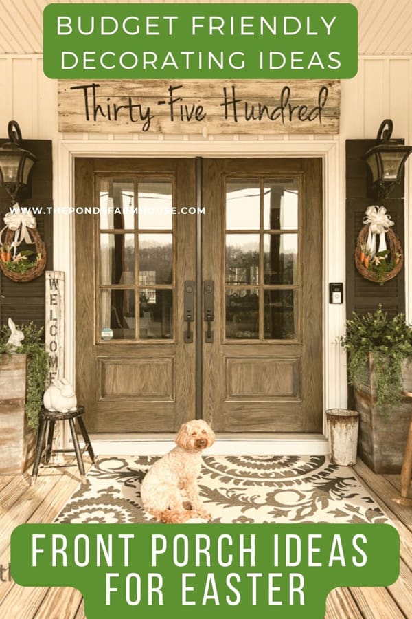 Best Front Porch Ideas to Decorate for Easter with Outdoor Easter Decor. Mini-Goldendoodle on outdoor rug at Farmhouse.