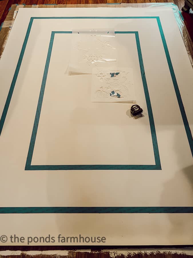 - Custom Rug with tape and stencils. One-of-a-kind floor cloth.