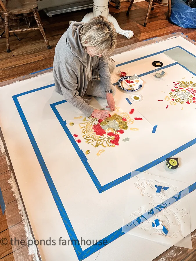 How To Make A DIY Rug-stencil pattern onto rug with different colors of paint for a unique design.